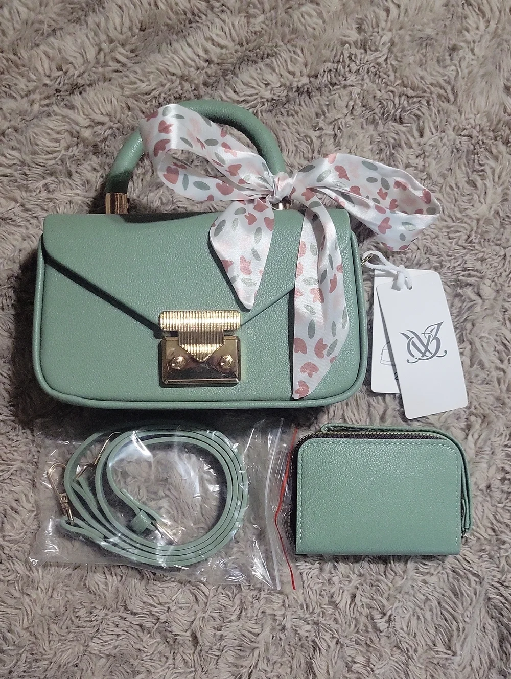 Mint Green Structured Top-Handle Satchel Bag with Scarf Accent